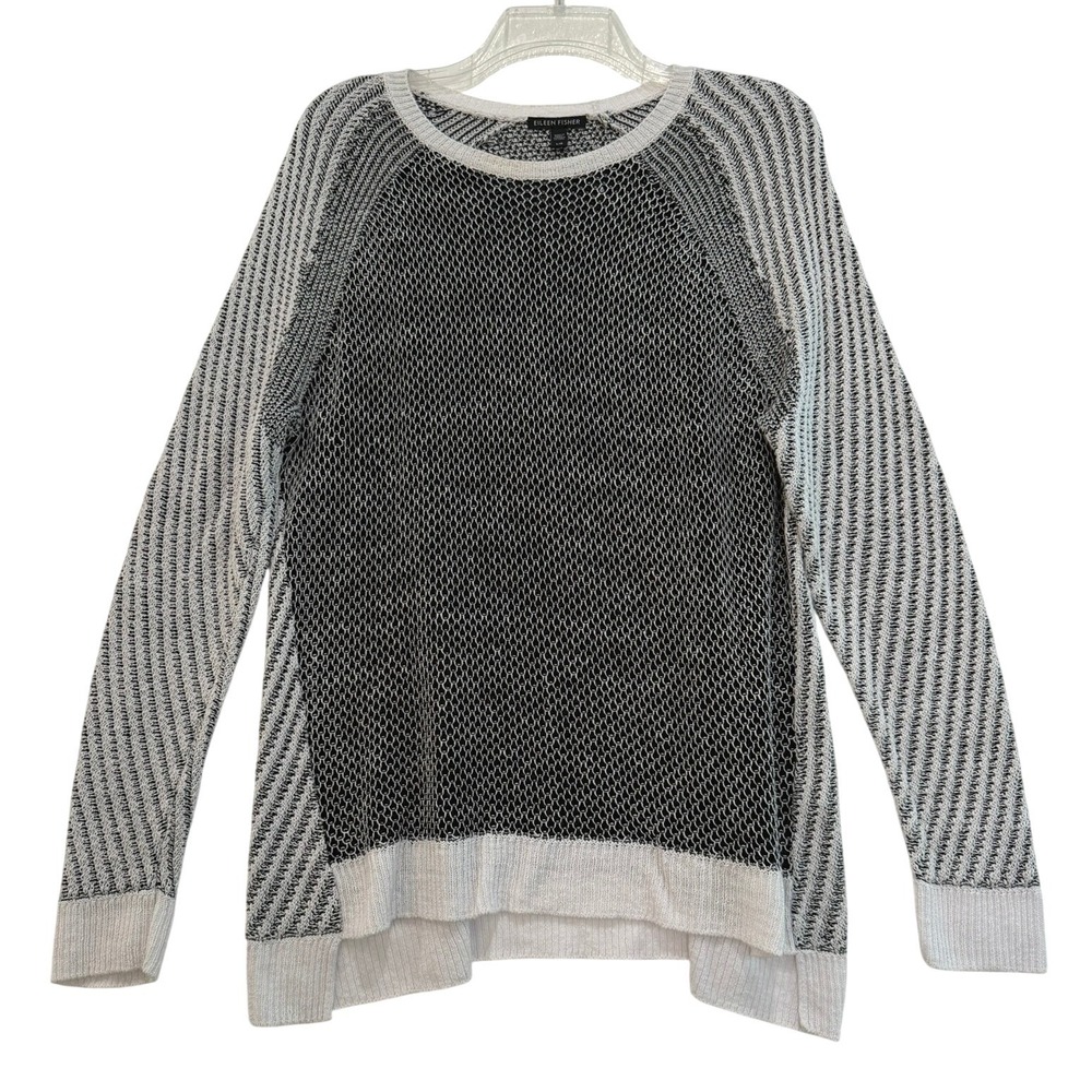 Eileen Fisher Womens Black White Linen Silk‎ Cotton Mixed Knit Sweater Large
